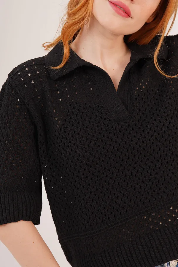 Chemisier noir ajouré à col polo en gros