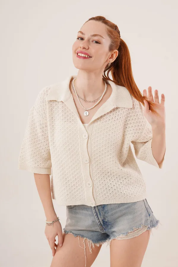 Cardigan boutonné à manches mi-longues et épaules dénudées, couleur crème, en gros