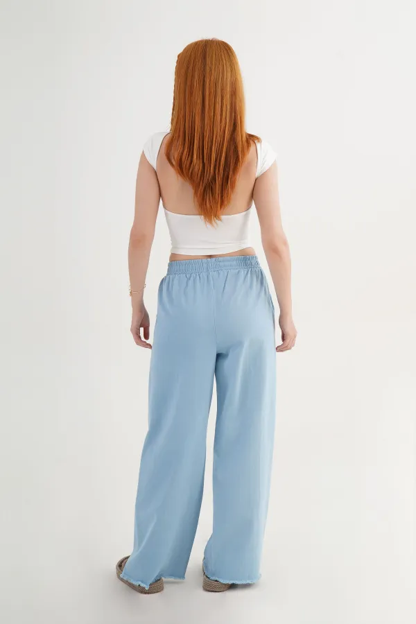 Bel Lastikli Paça Detaylı Cepli Toptan Mavi Pantolon