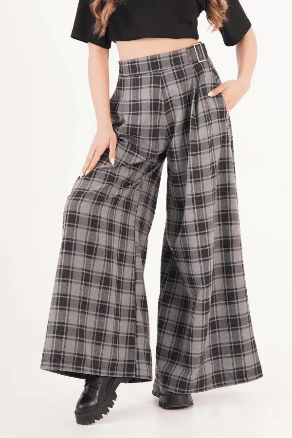 Pantalon à carreaux anthracite en gros avec ceinture détaillée