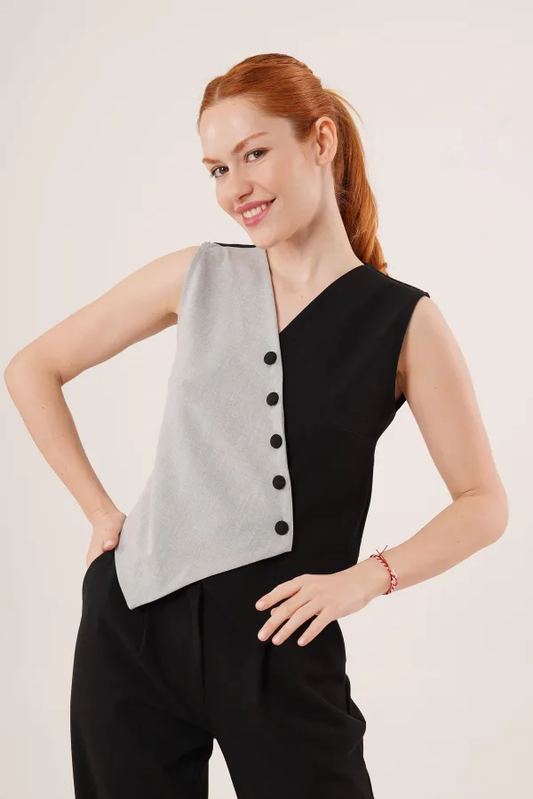 Cross Model Buttoned Black Wholesale Vest