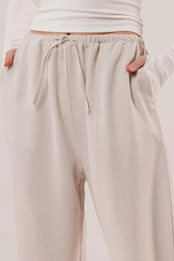 Cepli Bağlama Detaylı Keten Toptan Ekru Pantolon