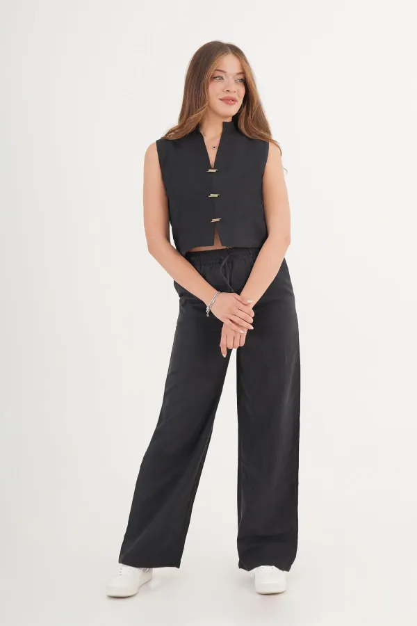 Gilet sans manches, pantalon large, costume noir en daim (vente en gros)