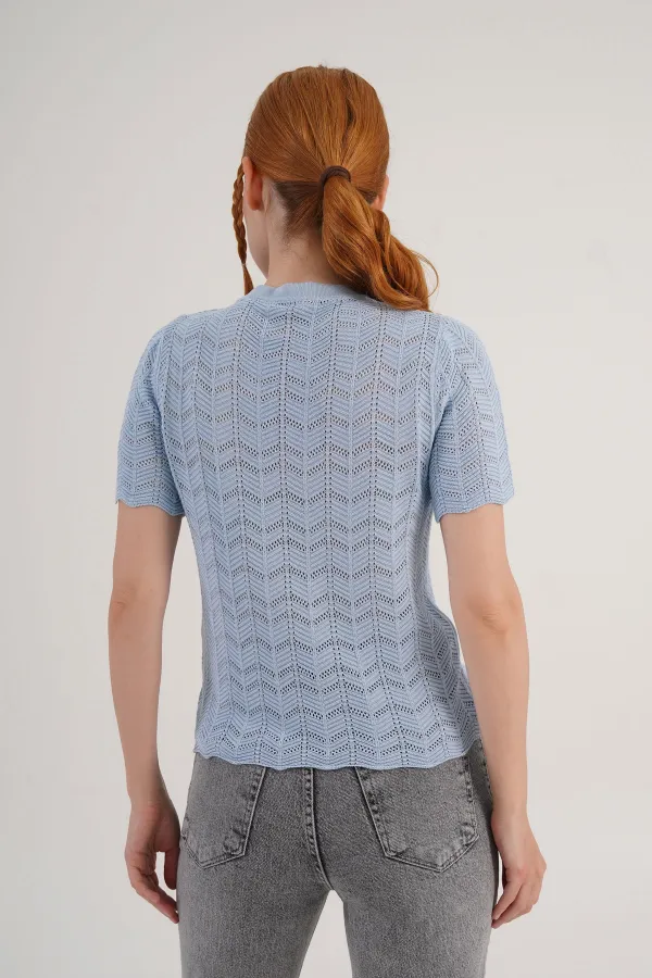 Örgü Model Kısa Kol Toptan Bebe Mavisi Triko Bluz