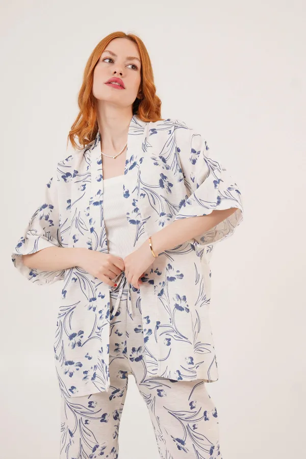 Mavi Çiçek Desenli Toptan Ekru İkili Takım