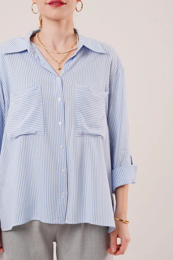 Yarasa Kol Çizgili Cep Detaylı Toptan Mavi Gömlek