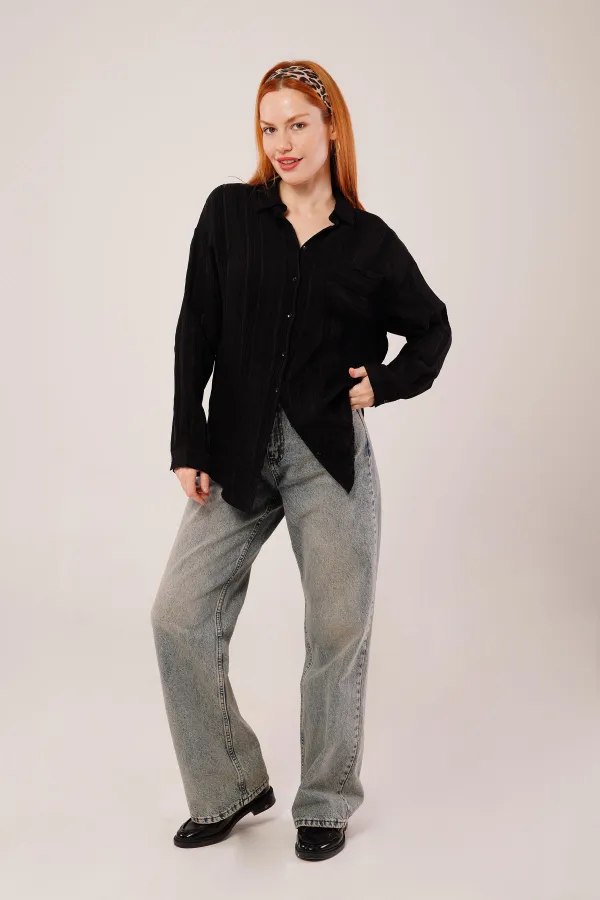 Hakim Yaka Çizgili Cep Detaylı Toptan Siyah Gömlek