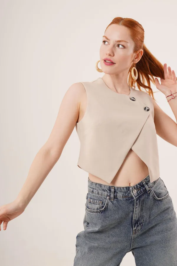 Double Buttoned Cross Model Beige Wholesale Vest