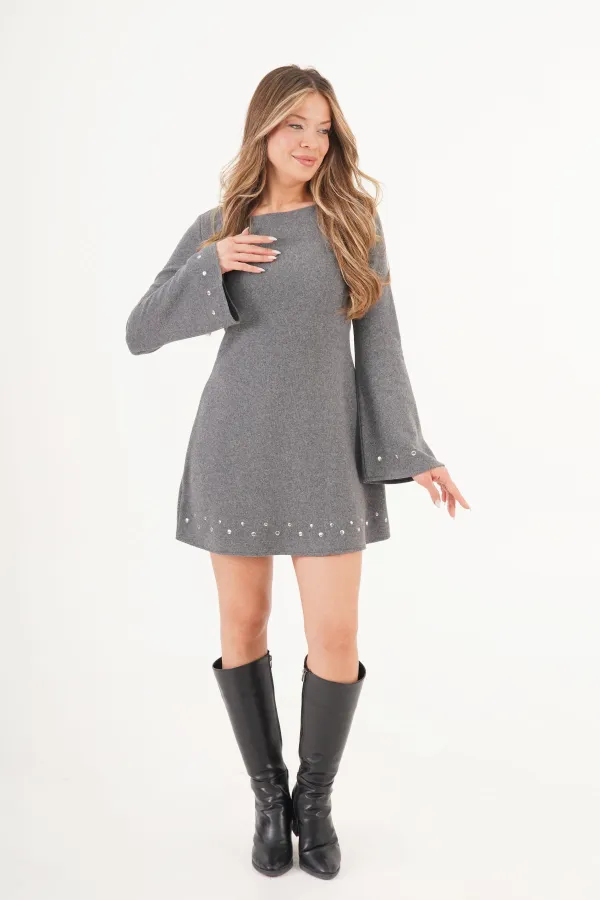 Selanik Örgü Taşlı Toptan Gri Elbise