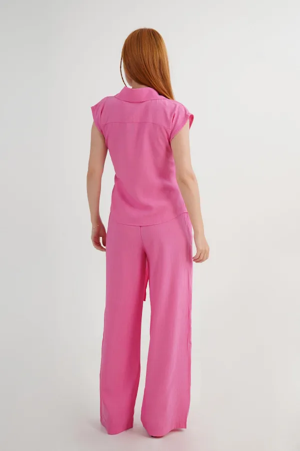 Kruvaze Gömlek Bluz Ve Pantolon Toptan Fuşya Takım