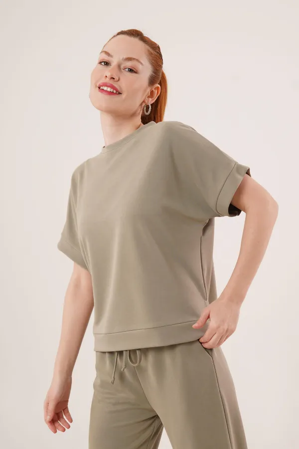 Modal Kısa Kollu Üst Ve Geniş Paça Eşofman İkili Toptan Yağ Yeşili Takım