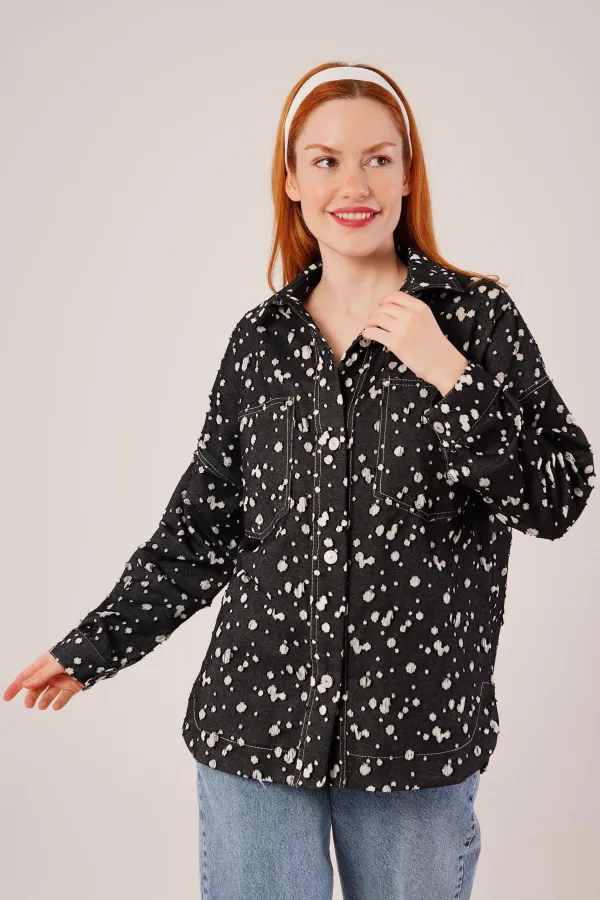 Eskitme Görünümlü Denim Toptan Siyah Gömlek