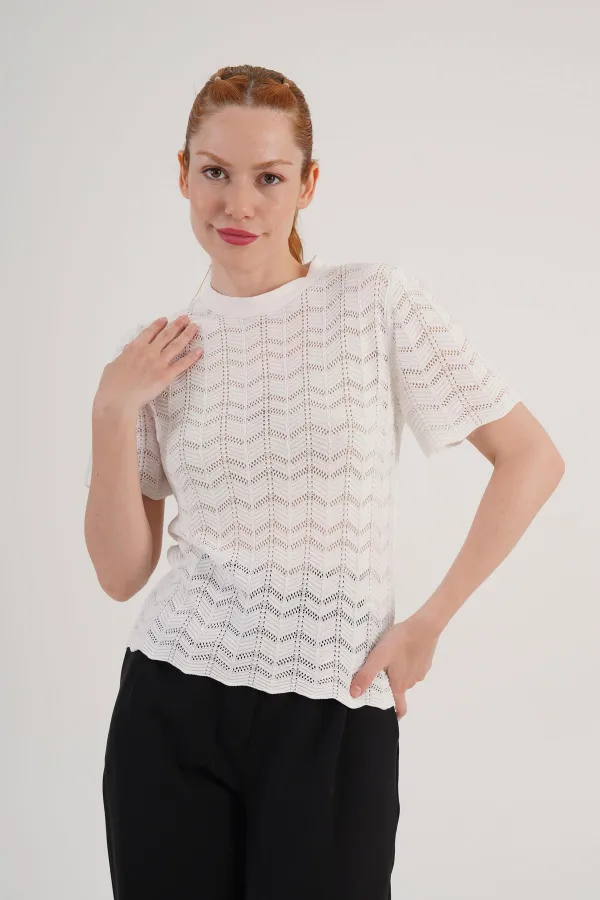 Örgü Model Kısa Kol Toptan Beyaz Triko Bluz