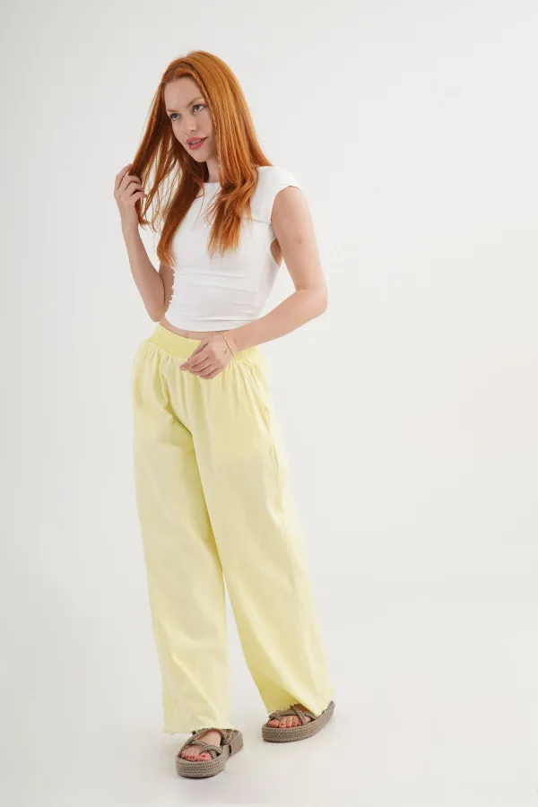 Wholesale Yellow Trousers with Elastic Waistband and Pocket Detail