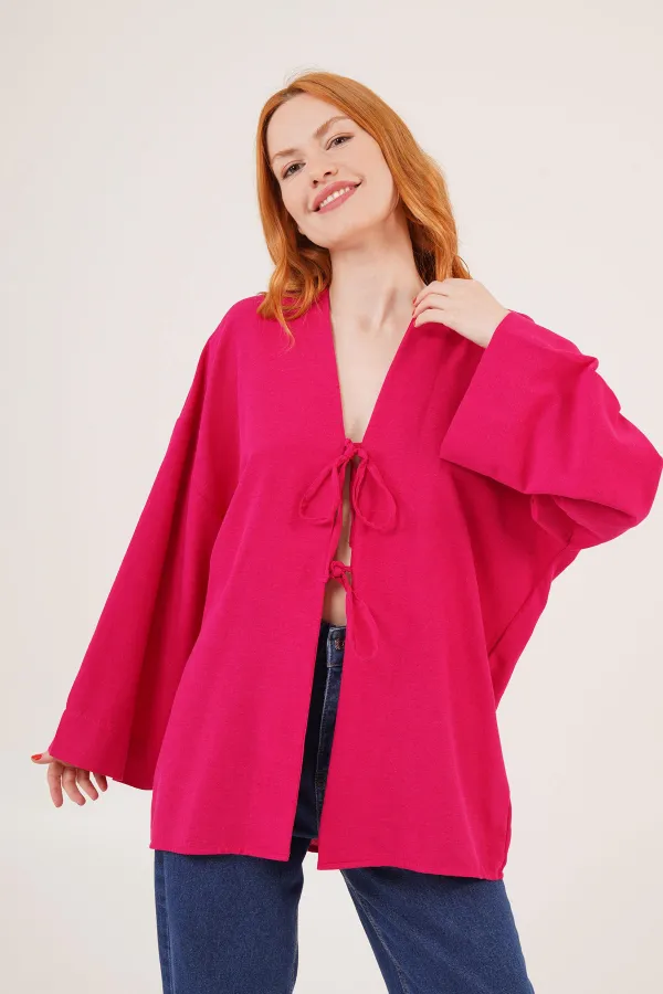 Önden Bağlama Detaylı İspanyol Kol Toptan Fuşya Tunik