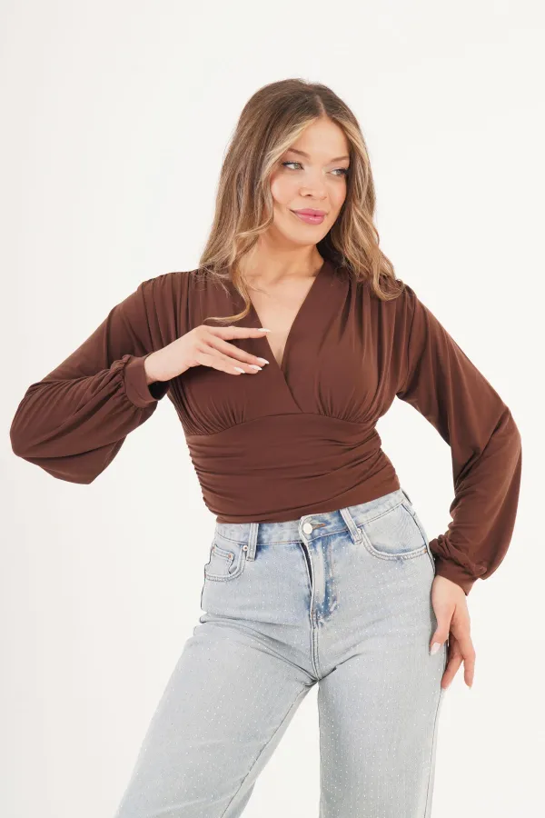 Göğüs Drapeli V Yaka Kahve Toptan Bluz