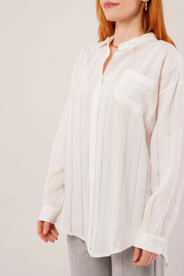 Hakim Yaka Çizgili Cep Detaylı Toptan Beyaz Gömlek