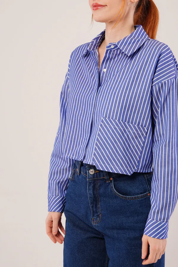 Crop Model Cepli Ve Çizgili Mavi Toptan Gömlek