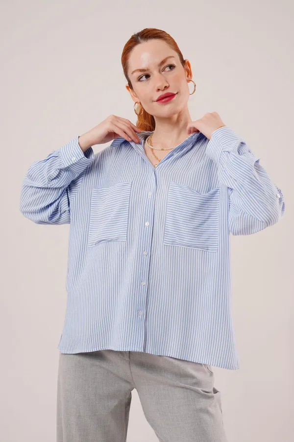Yarasa Kol Çizgili Cep Detaylı Toptan Mavi Gömlek