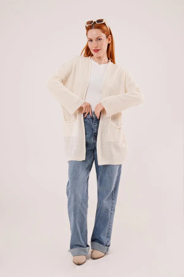 Cepli Salaş Model Triko Uzun Toptan Krem Hırka