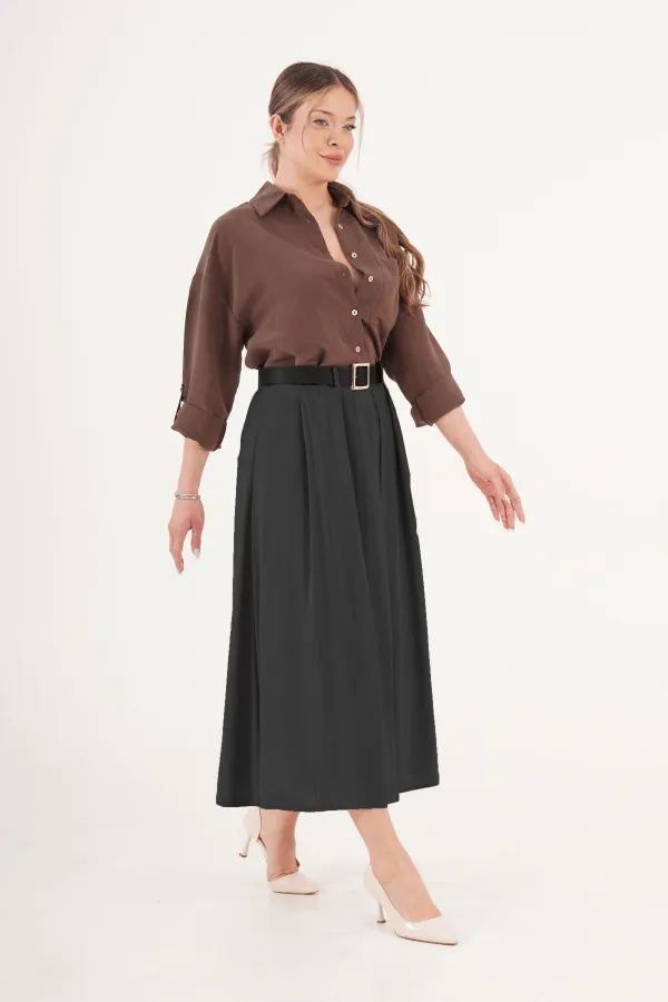 Kemerli Pilili Siyah Midi Toptan Etek