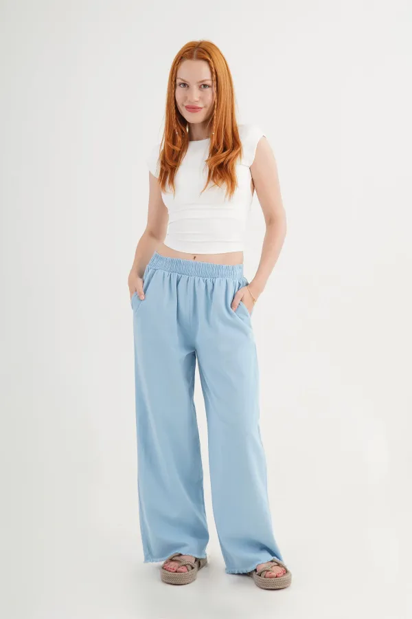 Bel Lastikli Paça Detaylı Cepli Toptan Mavi Pantolon