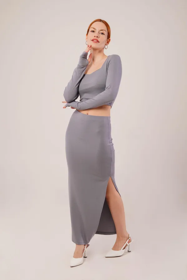 Kare Yaka Bluz Ve Yırtmaç Detaylı Etek Toptan İkili Gri Takım