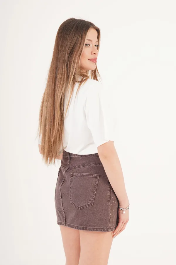 Taş İşlemeli Işıltılı Kahve Toptan Mini Denim Etek