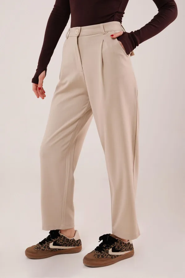 Kapama Cep Detaylı Toptan Krem Pantolon