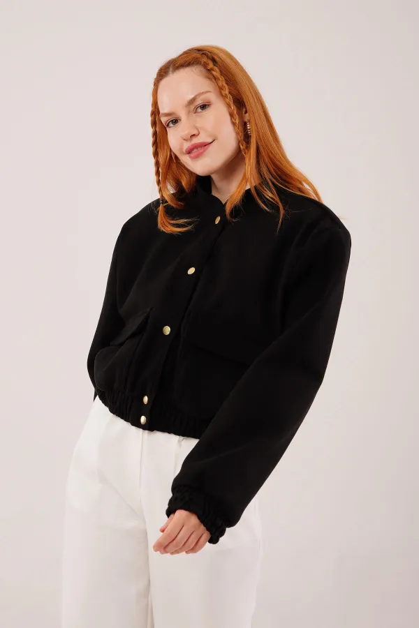 Gold Düğmeli Kaşe Toptan Siyah Bomber Ceket