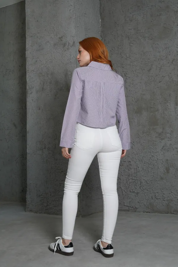 Uzun Cepli Çizgili Mor Toptan Gömlek