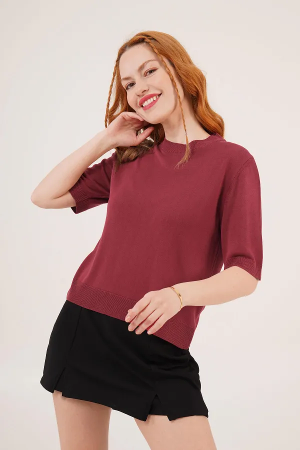 Yarım Kol Yuvarlak Yaka Likralı Toptan İnce Bordo Triko Bluz