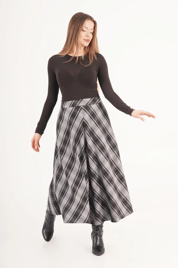 Kareli Yüksek Bel Trend Gri Toptan Etek