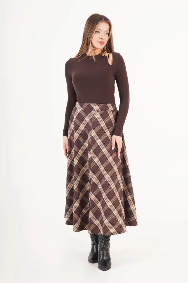 Kareli Yüksek Bel Trend Kahve Toptan Etek