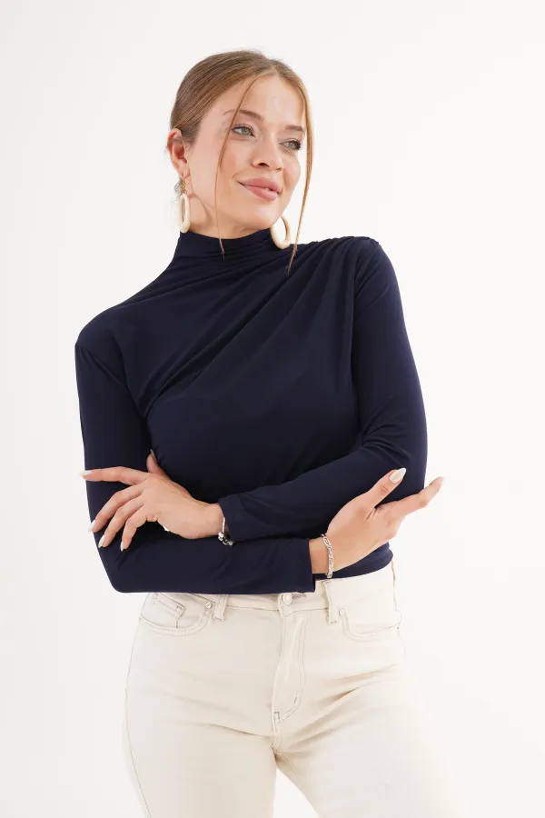 Omuz Ve Bel Büzgülü Dik Yaka Toptan Lacivert Bluz