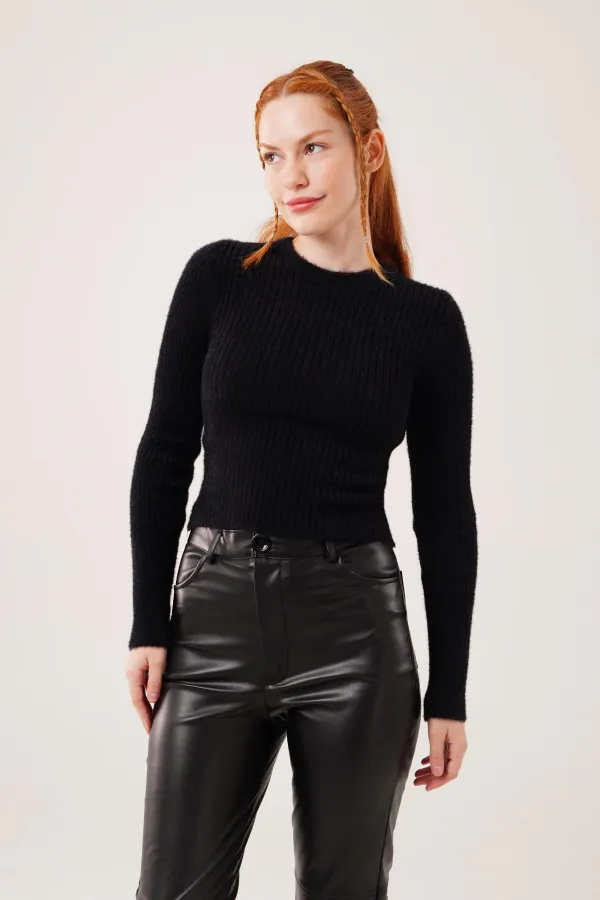 Bisiklet Yaka Yumoş Siyah Toptan Kazak