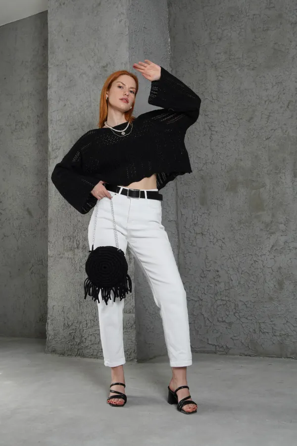 Ajurlu Bisiklet Yaka Siyah Toptan Bluz