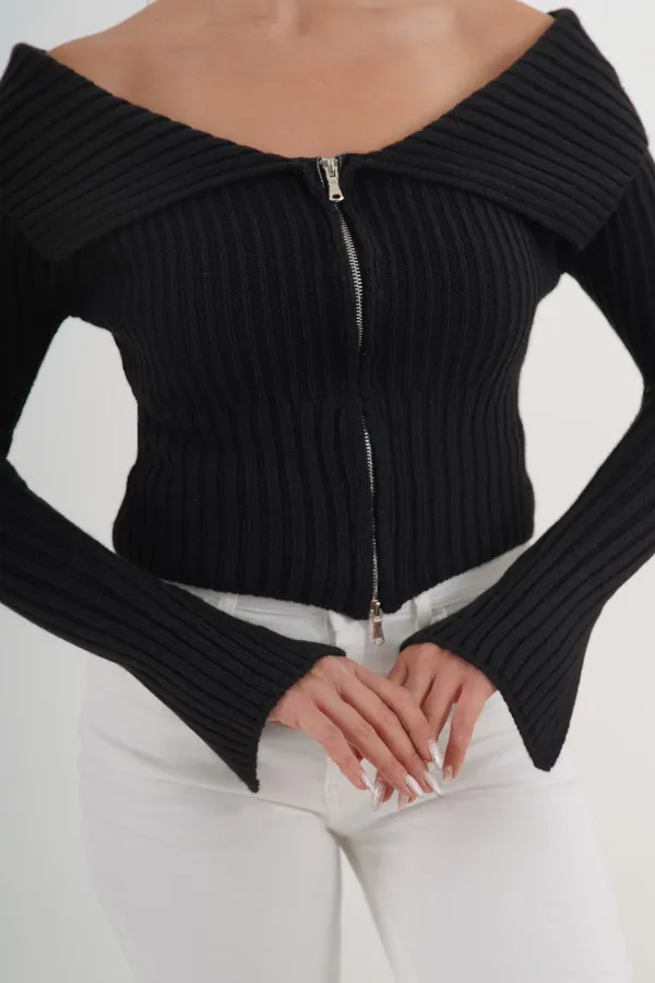 Madonna Yaka Full Fermuarlı Toptan Siyah Triko Bluz