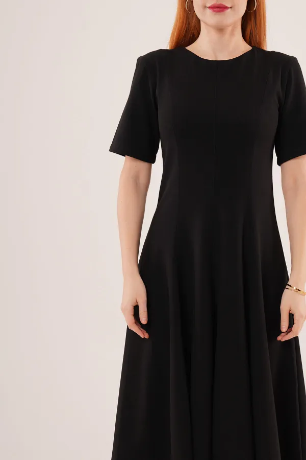 Dikiş Detaylı Kısa Kollu Toptan Siyah Uzun Elbise