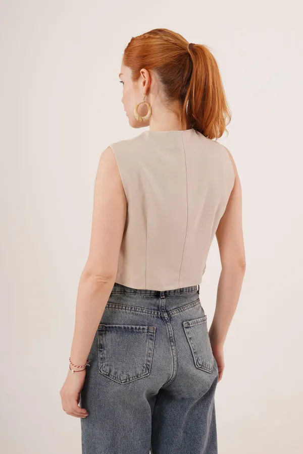 Double Buttoned Cross Model Beige Wholesale Vest