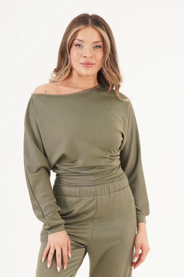 İnce Oys Kumaş Yarasa Kol Toptan Haki Bluz