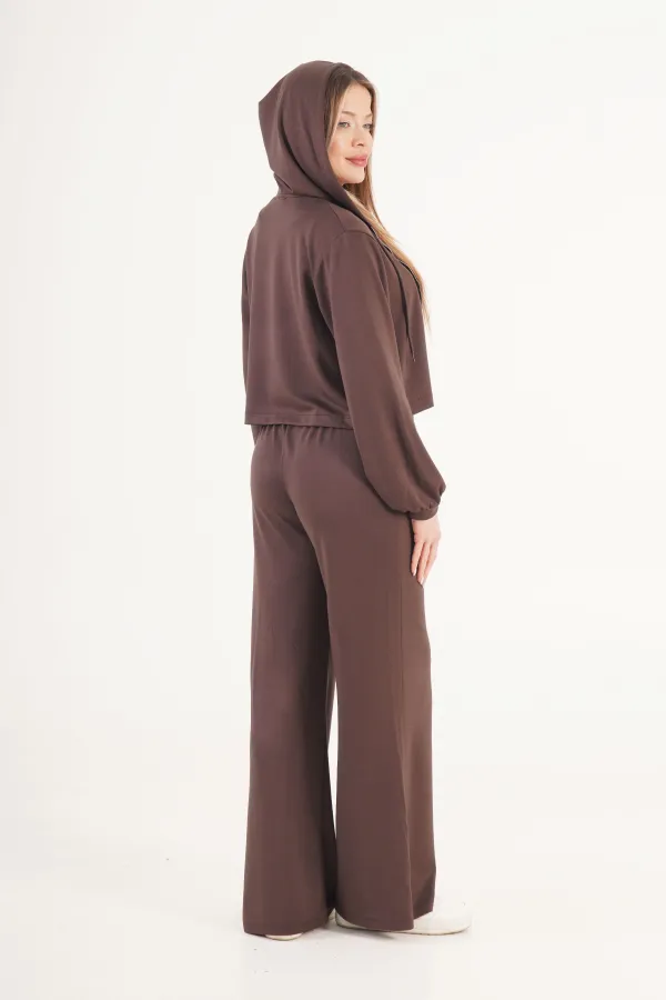 Modal Hırka Pantolon Crop Kahve Toptan Üçlü Takım