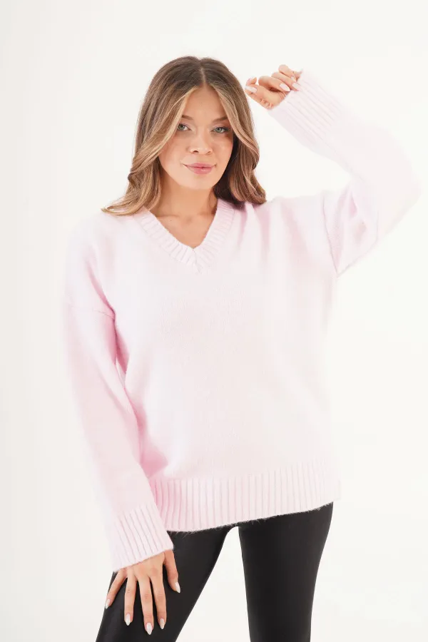 Pull rose à col V en maille côtelée épaisse, vente en gros