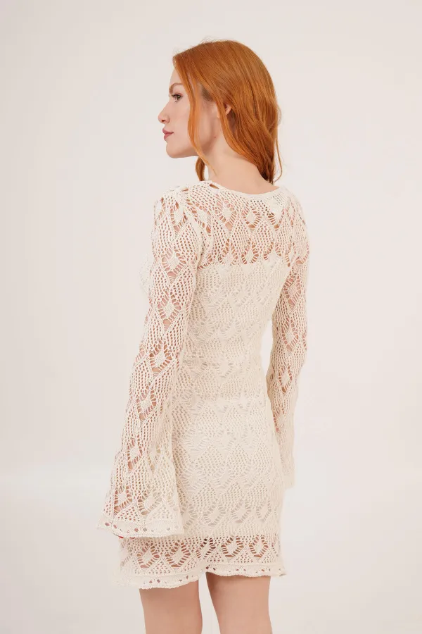 Openwork Boat Neck Wholesale Ecru Dress