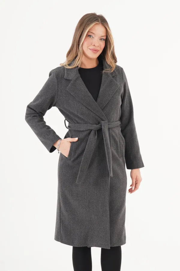 Beli Kuşaklı Astarlı Toptan Antrast Kaşe Kaban