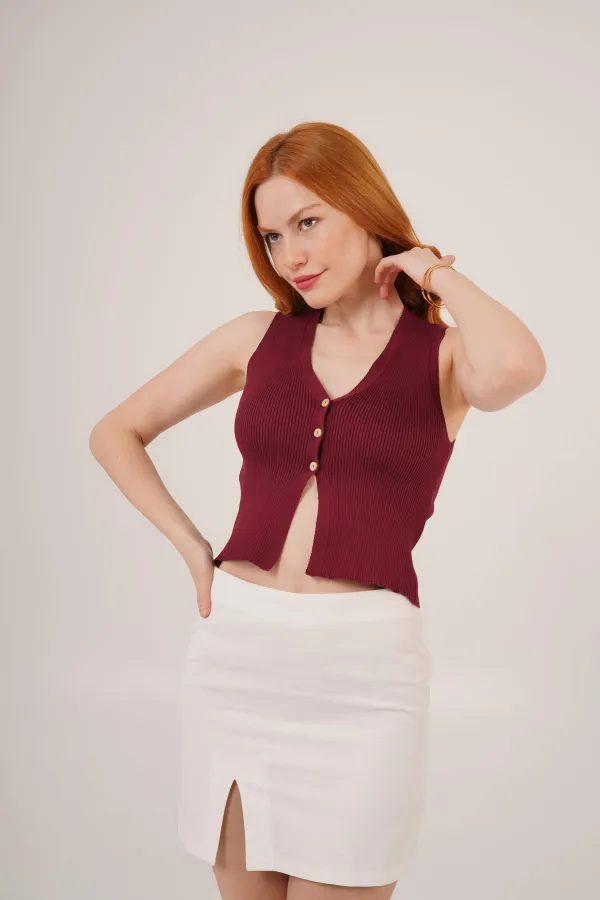 Sıfır Kol Düğme Detaylı Fitilli Bordo Toptan Bluz