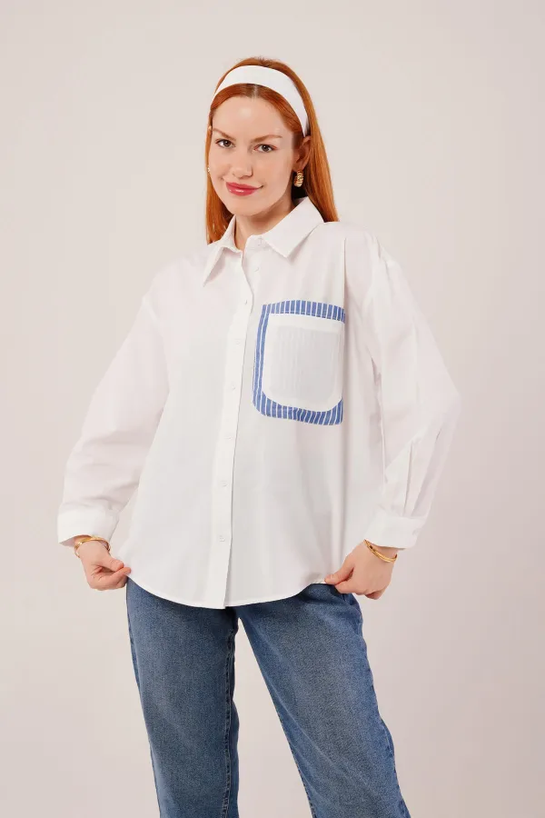Çizgili Cep Detaylı Beyaz Toptan Gömlek