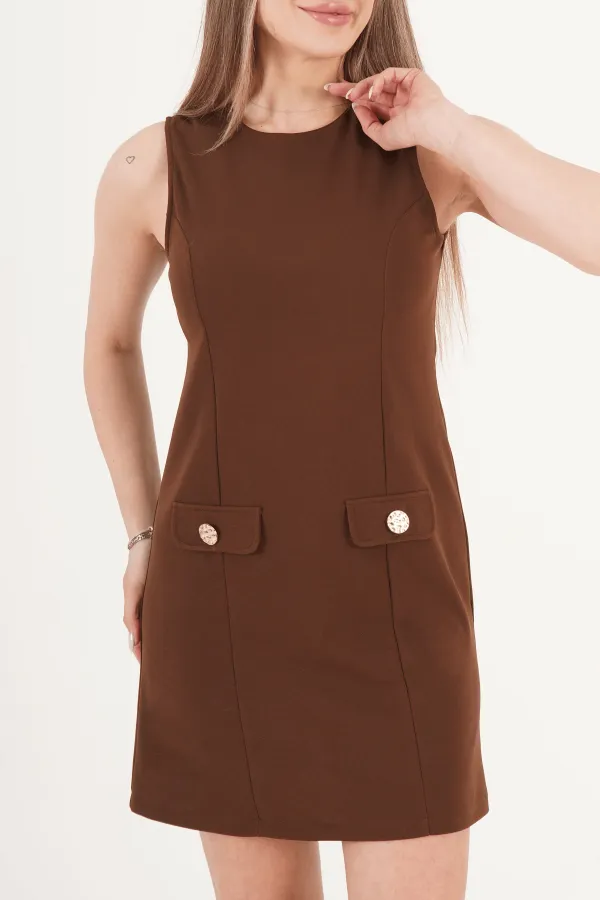 Belden Oturtmalı Ön Dikişli Kahve Toptan Mini Elbise