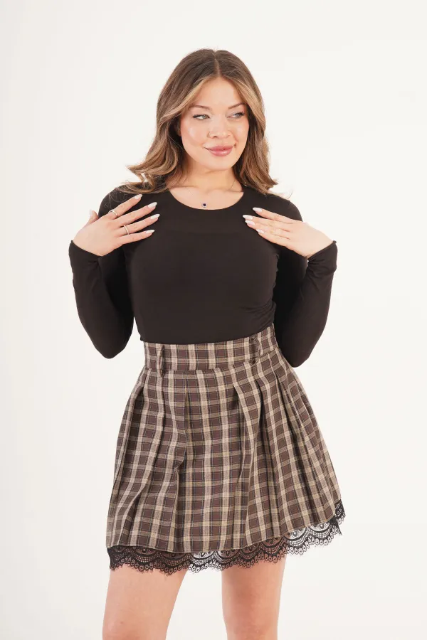 Dantel Detaylı Ekoseli Toptan Kahve Etek