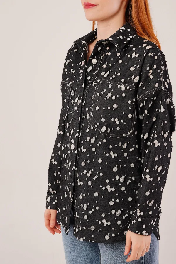 Eskitme Görünümlü Denim Toptan Siyah Gömlek